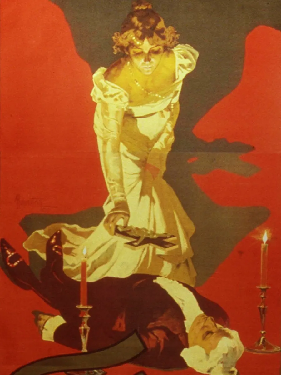 Detail of a red and gold poster showing Tosca in a pale gown standing over a fallen man between two lit candles